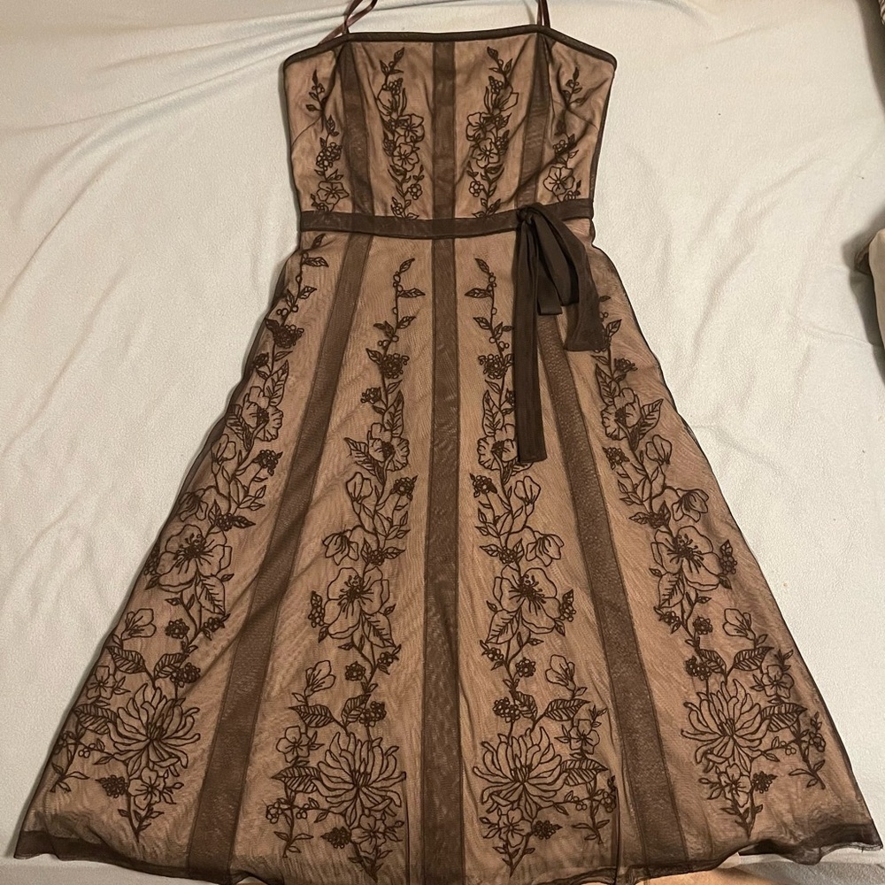 Elegant Brown Floral Embroidered Dress